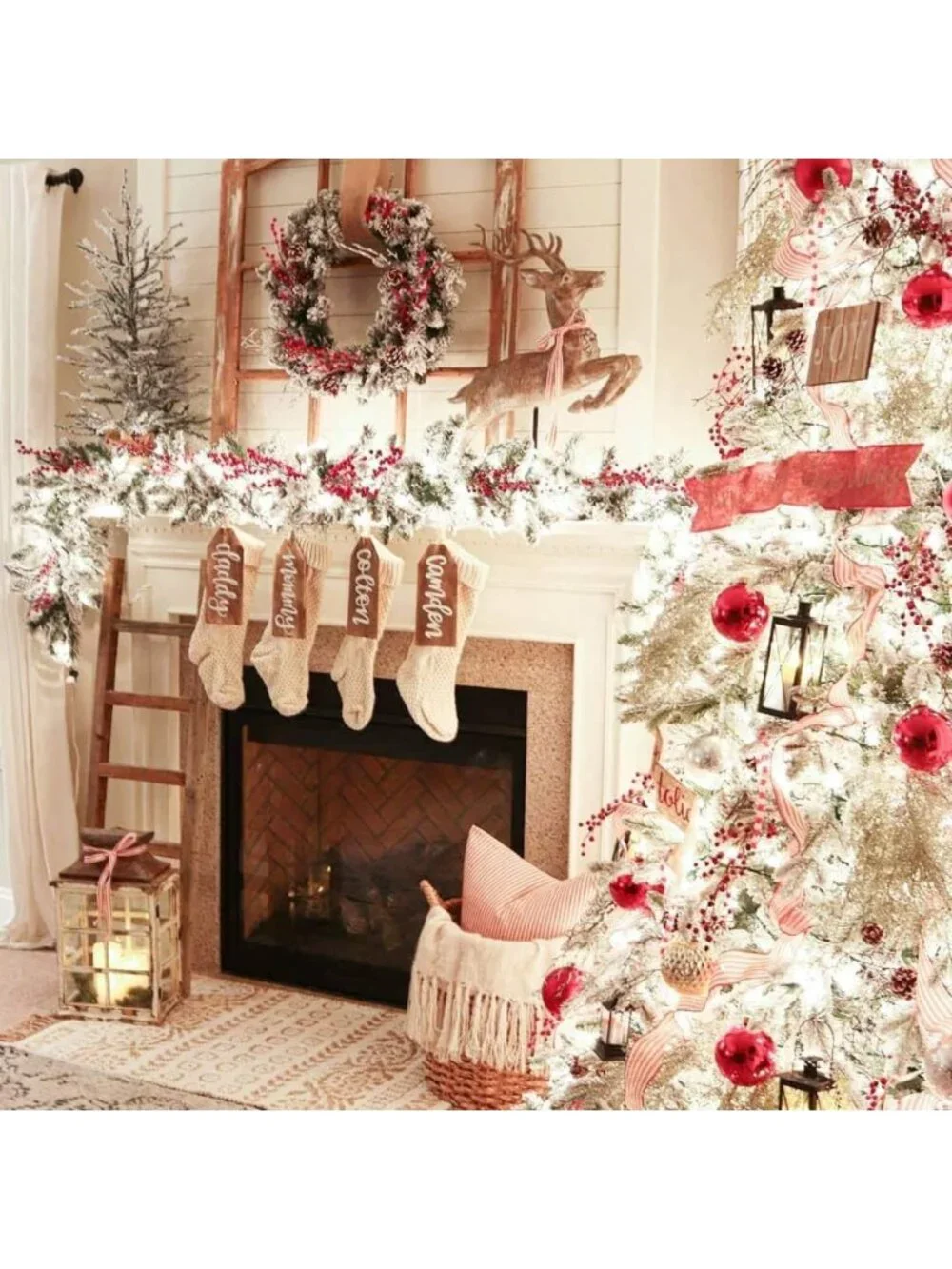 Large 18-Inch Cable Knitted Christmas Stockings - Set of 4, Ivory White Holiday